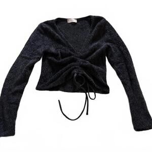 ALTAR'D STATE Sz S Black Fuzzy Long Sleeve Cropped String Cinch Front Sweater